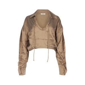 YUZEFI Collared Draped Cropped Top with Drawstring Details Women TAUPE Sweaters